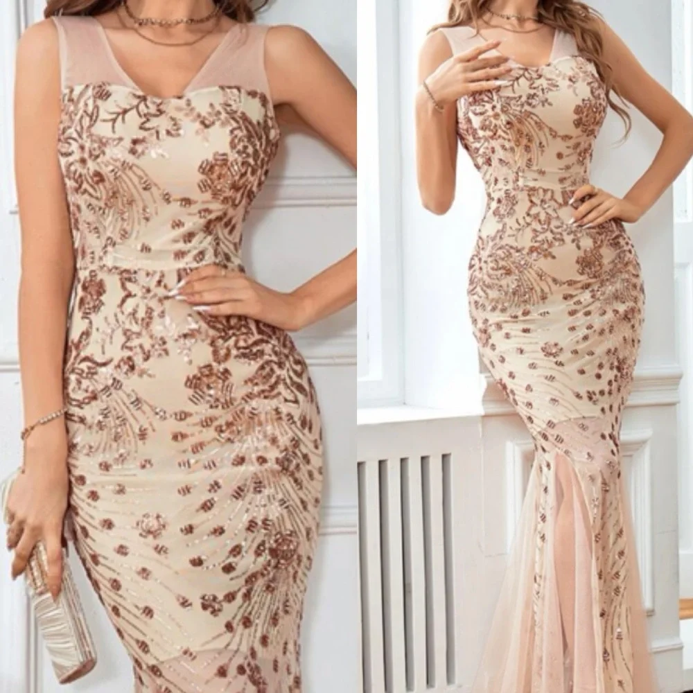 Luxurious sequins embroidered mesh evening party formal gown dress - Picture 2 of 10